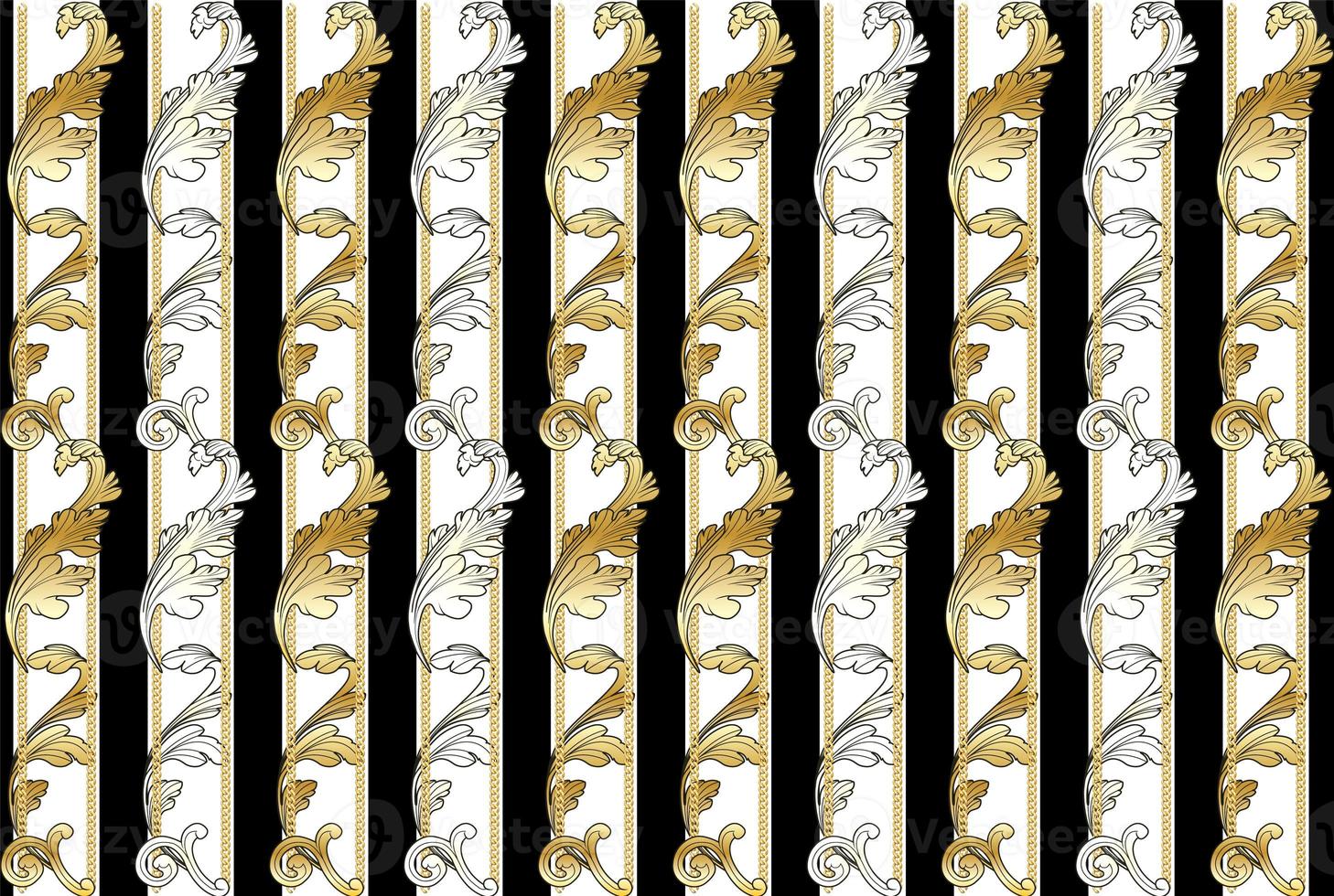 sömlös mönster med gyllene barock element och guld kedjor. trendig blommig barock årgång mönster. illustration, svart och vit rand bakgrund. foto