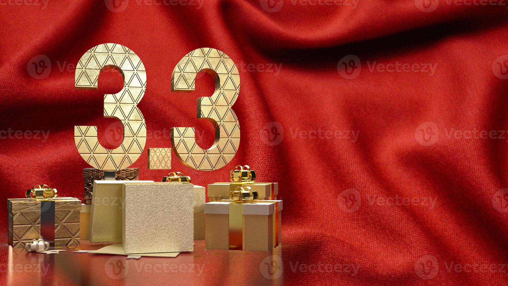 de 3.3 och guld gåva låda på röd silke för marknadsföring eller försäljning befordran 3d tolkning foto