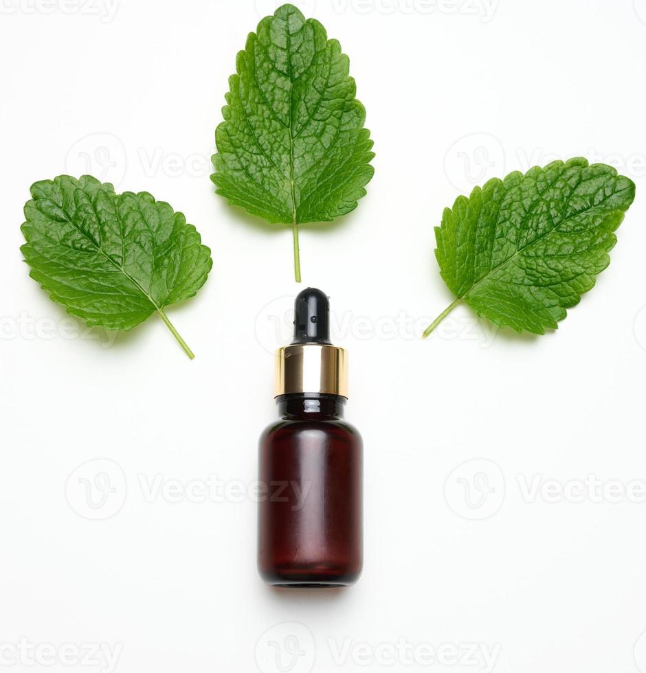 brun glas flaska med en pipett för kosmetika och grön mynta löv på en vit bakgrund, topp se foto