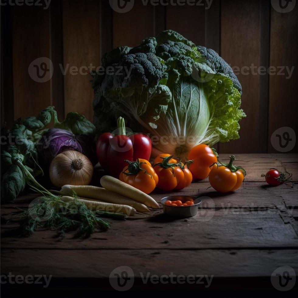 friska grönsaker på trä- tabell foto