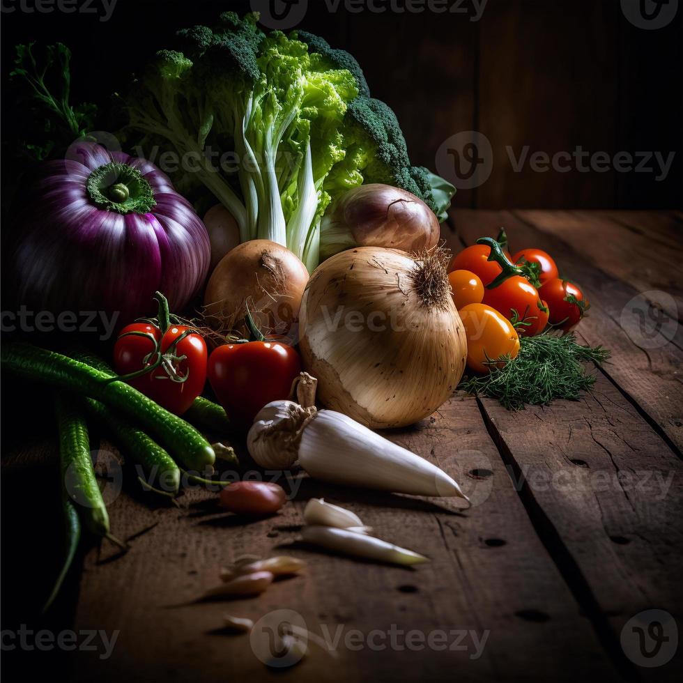 friska grönsaker på trä- tabell foto