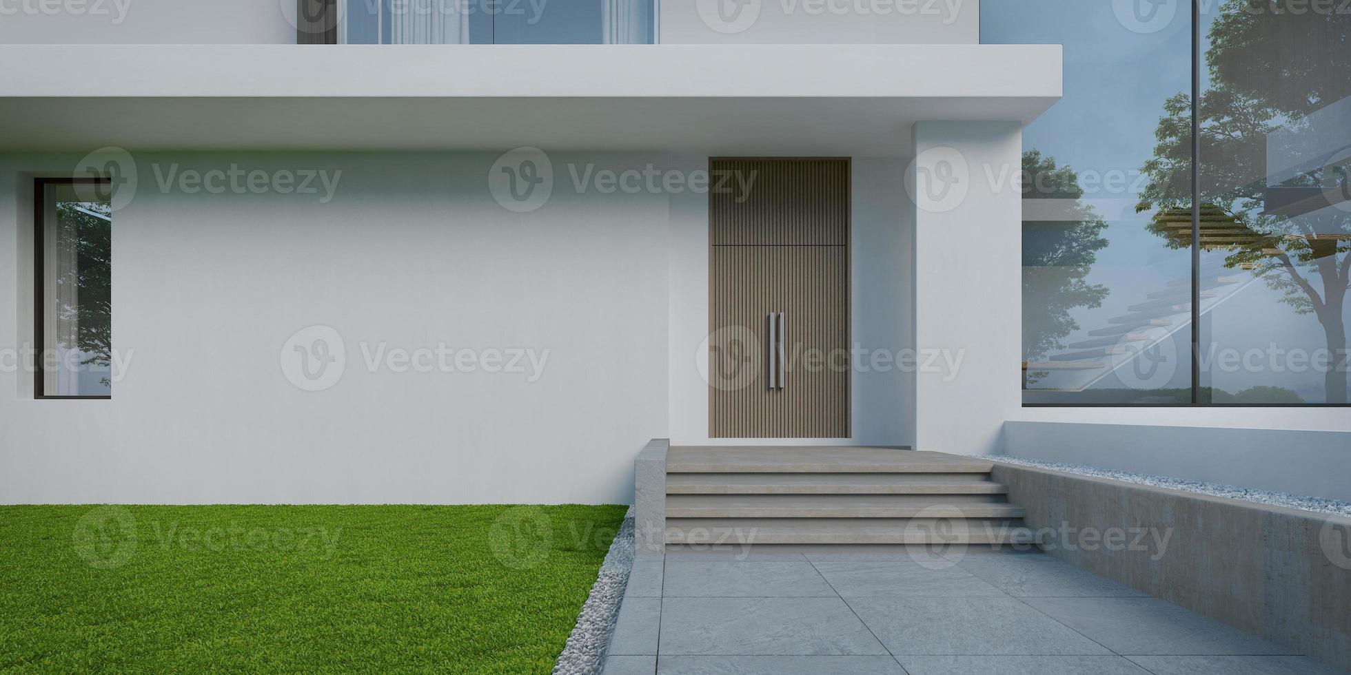 hus ingång med vit vägg och gräsmatta gräs.3d tolkning foto