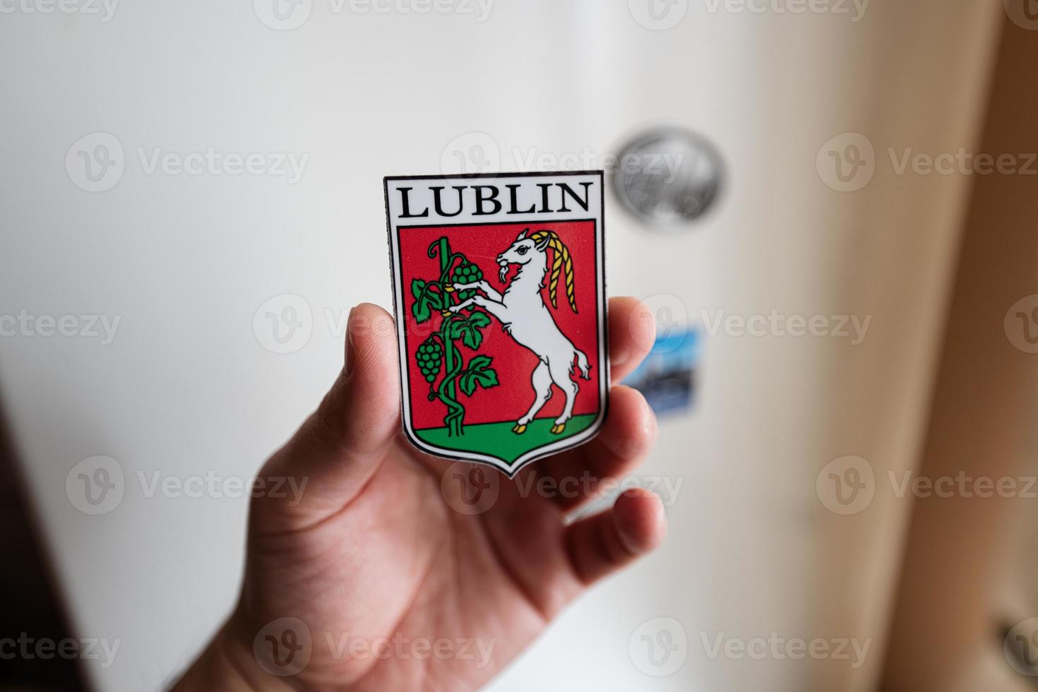 lublin, polen souvenir kylskåp magnet på hand. foto