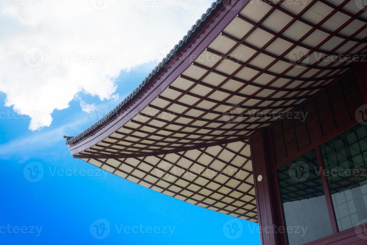 japansk stil trä tak mönster på blå himmel bakgrund, japanska stil byggnad foto