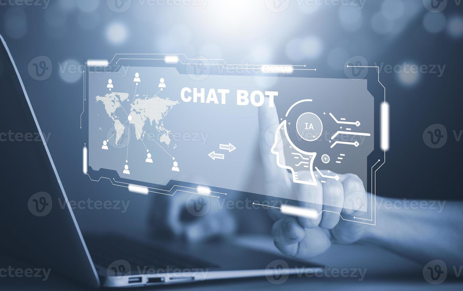 man använder sig av bärbar dator och Rör bar chatt bot chatt med ai, artificiell intelligens, system artificiell intelligens ett artificiell intelligens chatbot, digital chatbot, robot Ansökan, konversation foto