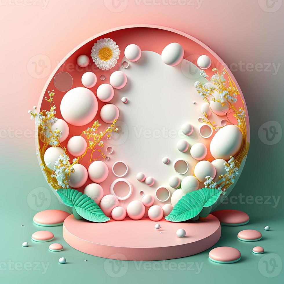 digital 3d illustration av en podium med ägg, blommor, och löv ornament för produkt visa foto