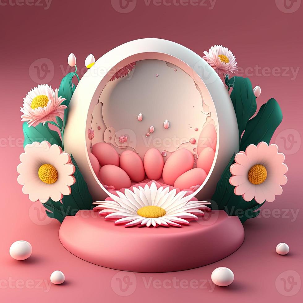 3d rosa podium dekorerad med skinande ägg och blommor för produkt visa påsk dag foto