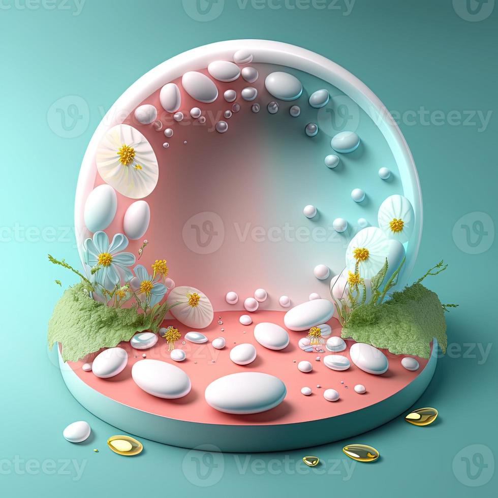 illustration av en podium med ägg, blommor, och lövverk dekoration för produkt visa foto