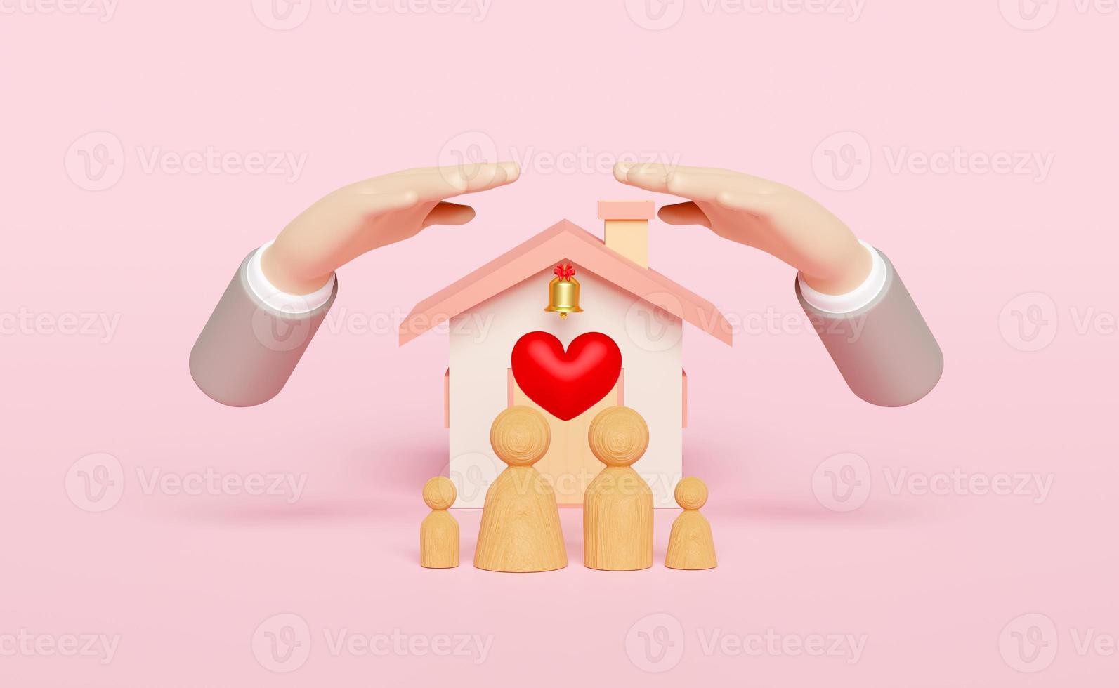 affärsman händer skyddande hus modell med trä- docka siffror familj, röd hjärta isolerat på rosa bakgrund. Lycklig familj, skydd, inteckning lån begrepp, 3d illustration, 3d framställa foto