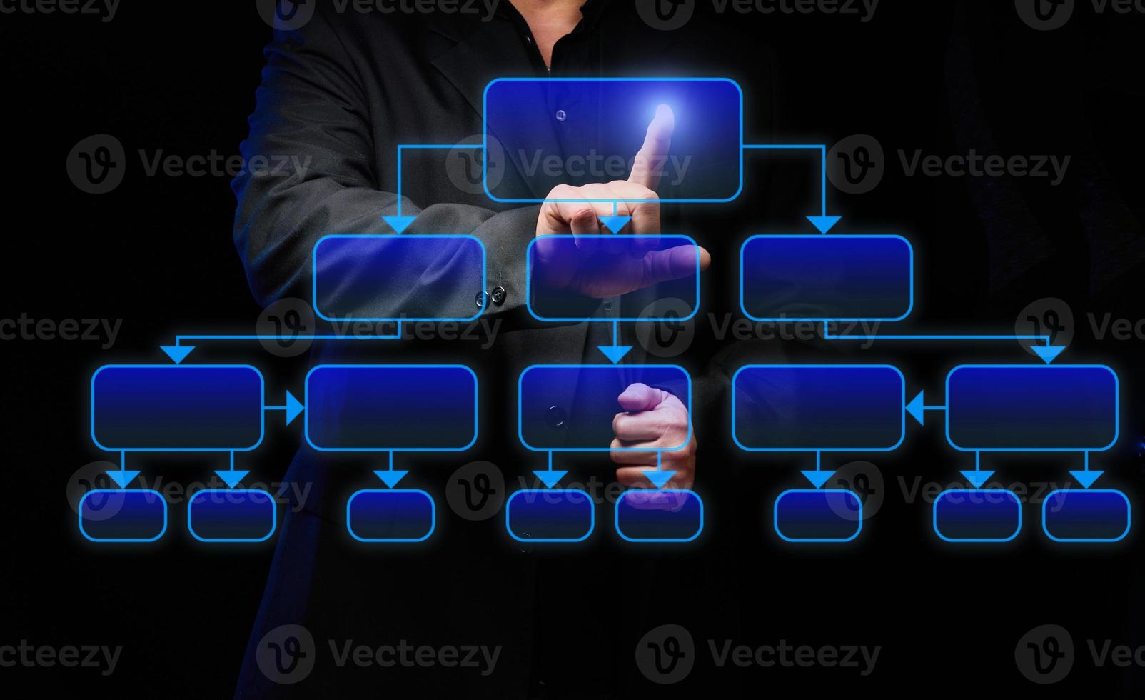 en affärsman i en svart kostym står i främre av en virtuell hierarkisk diagram. organisation byggnad, underordning i de företag foto