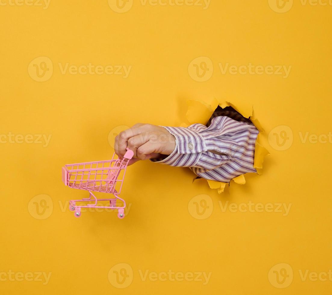 en kvinna hand innehar en miniatyr- handla vagn på en gul bakgrund, en del av de kropp pinnar ut av en trasig hål i en papper bakgrund. företag begrepp, Start av försäljning och uppkopplad handla foto