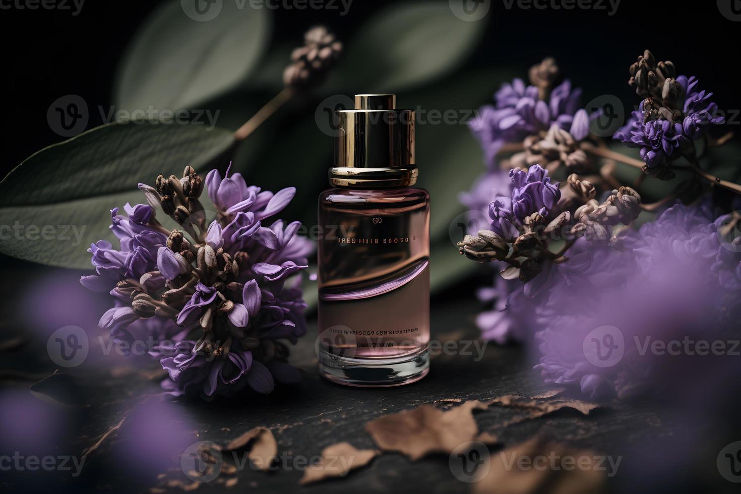 unik och aromatisk olja för kropp vård. lila blomma Produkter fotografi foto