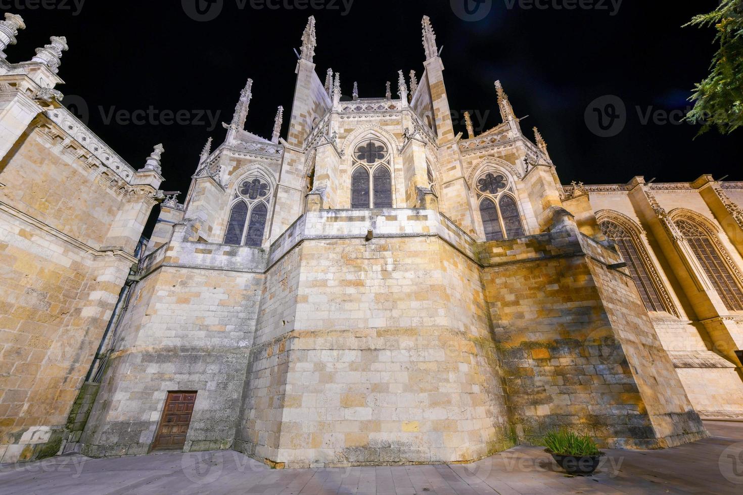 huvud gotik Fasad av leon katedral i de kväll, Spanien foto