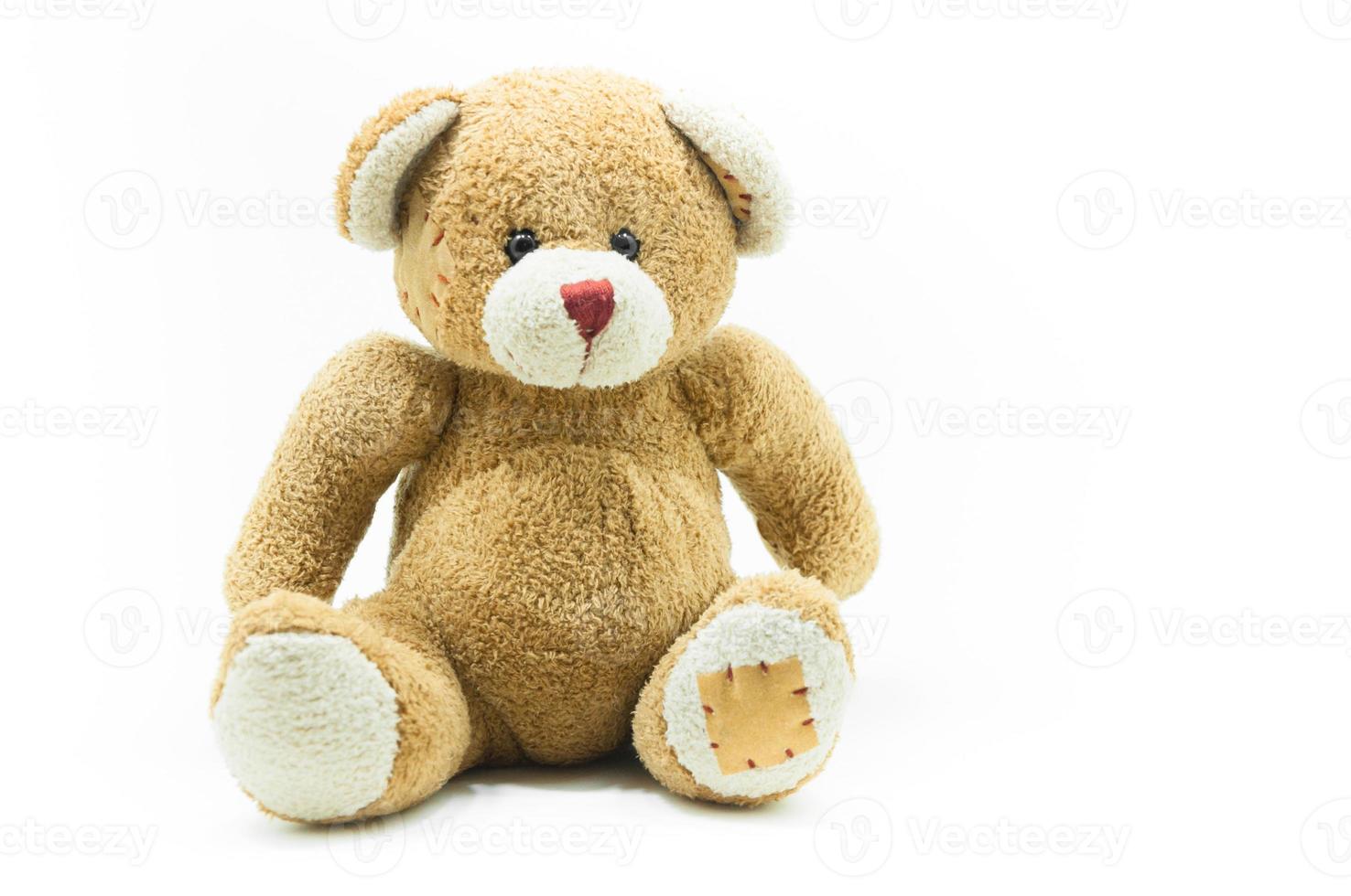 brun teddy Björn leksak Sammanträde på vit bakgrund foto