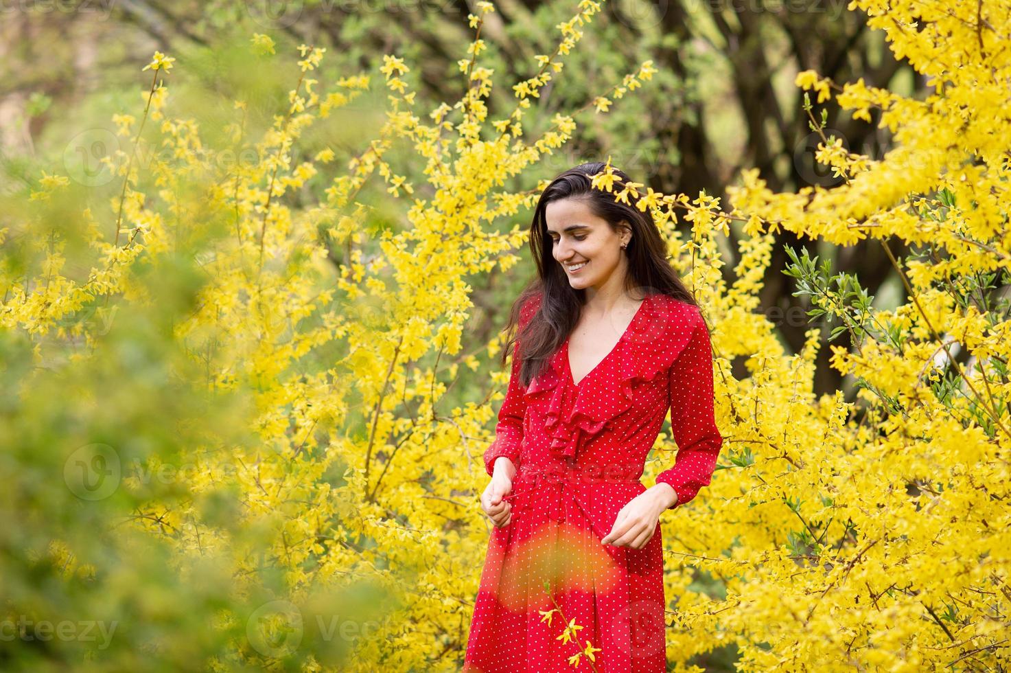 en ung flicka i en svart jacka och en röd klänning står nära en gul buske av koreanska forsythia foto