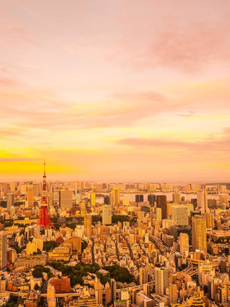 Flygfoto över Tokyo stad vid solnedgången foto