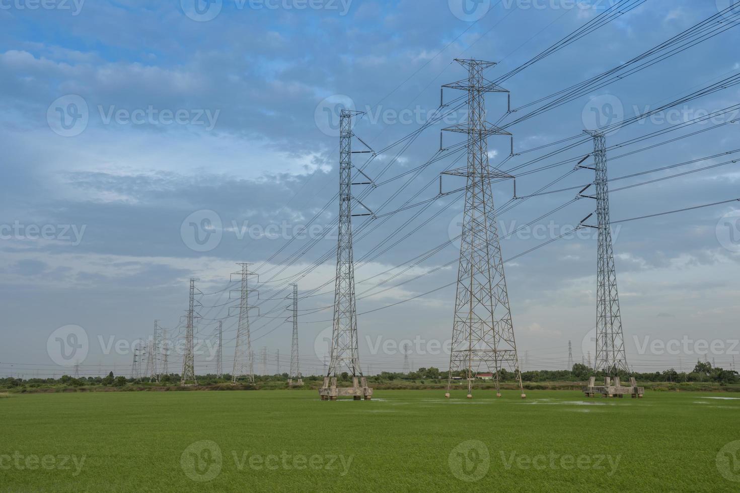 elektriska stolpar mot en blå himmel foto