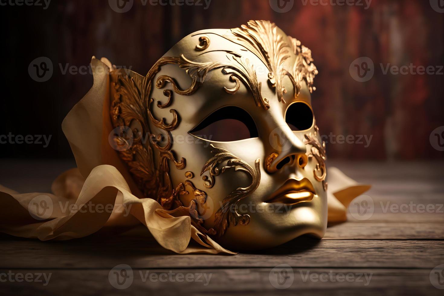 gyllene venetian mask på en trä- tabell foto