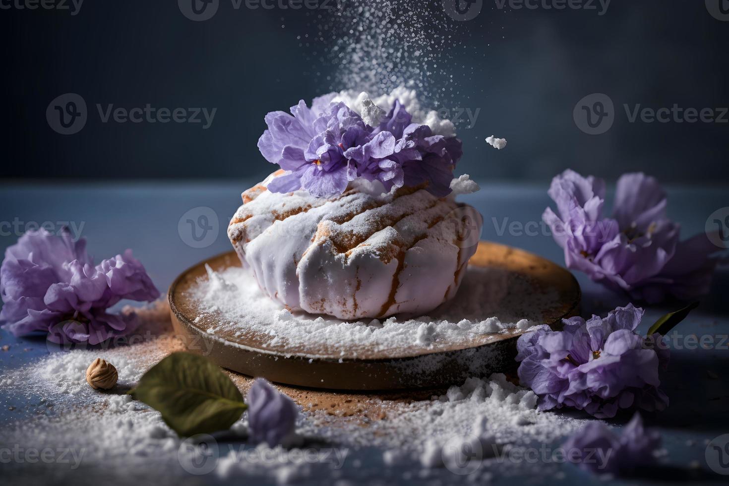 hemlagad och gott friterad lila blomma med pulveriserad socker mat fotografi foto