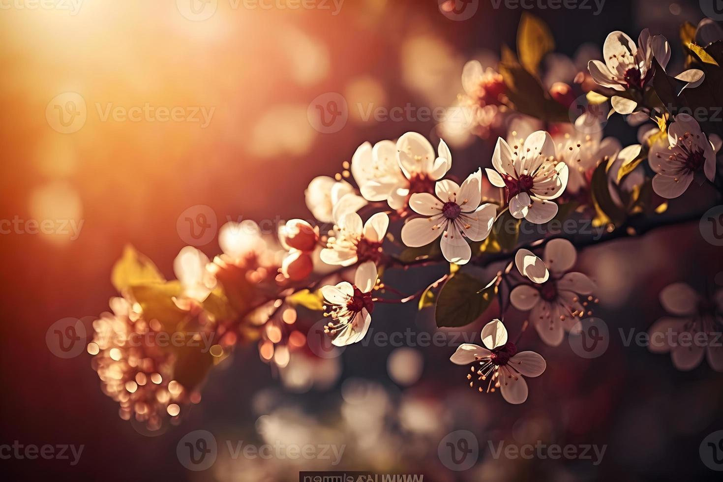 vår blomma bakgrund. natur scen med blomning träd och Sol blossa. vår blommor. skön fruktträdgård fotografi foto