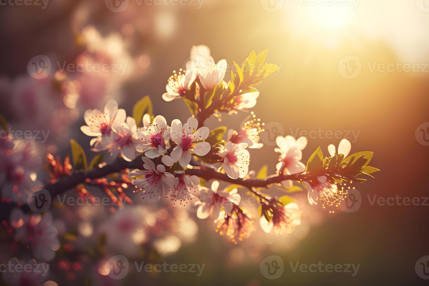 vår blomma bakgrund. natur scen med blomning träd och Sol blossa. vår blommor. skön fruktträdgård fotografi foto