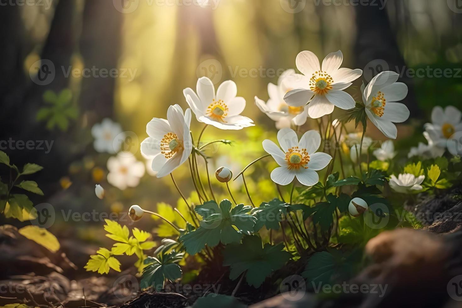 skön vit blommor av anemoner i vår i en skog stänga upp i solljus i natur. vår skog landskap med blommande primula foto