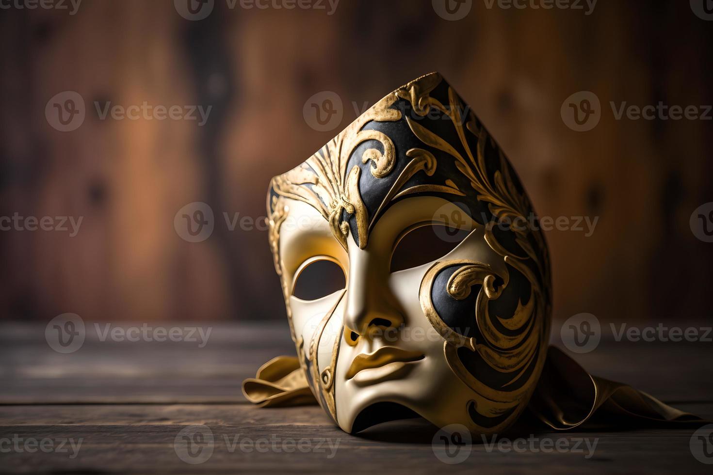 gyllene venetian mask på en trä- tabell foto