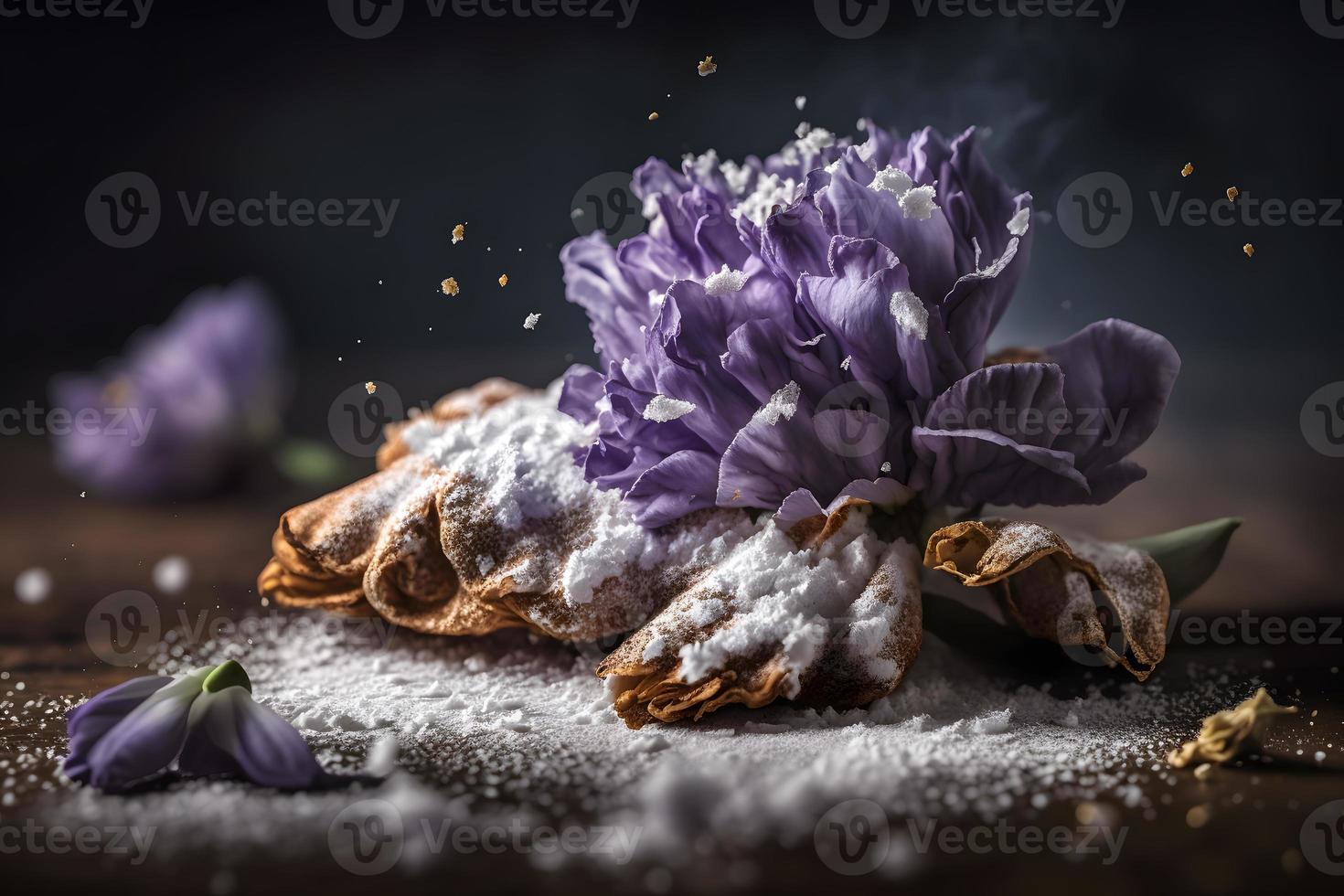 hemlagad och gott friterad lila blomma med pulveriserad socker mat fotografi foto