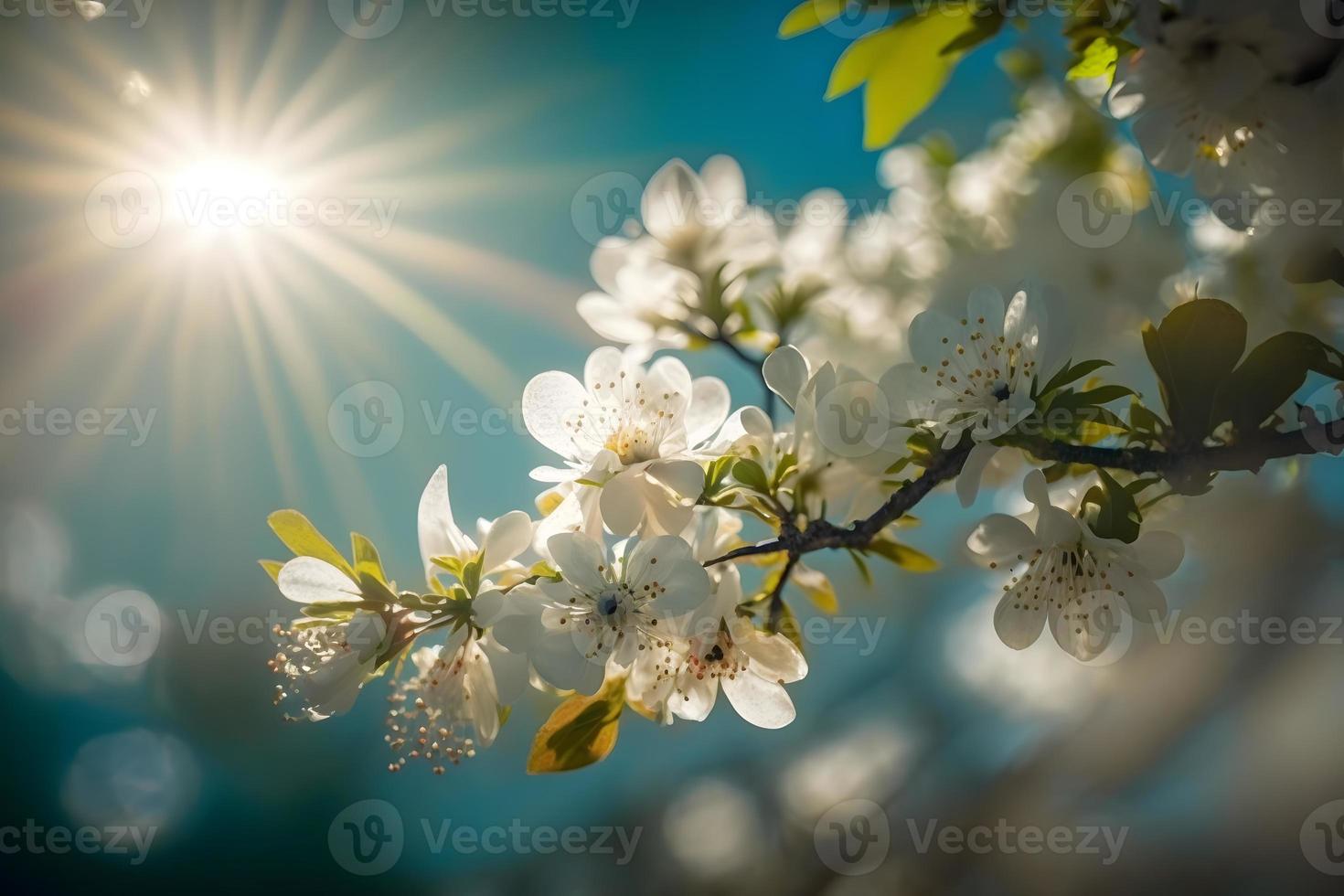 foton vår blomning - vit blommar och solljus i de himmel, fotografi