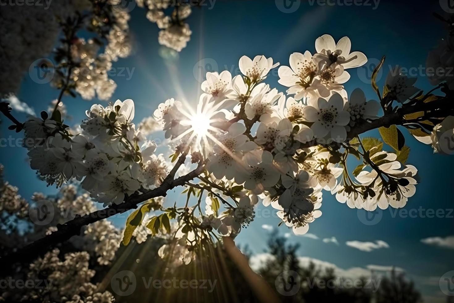 foton vår blomning - vit blommar och solljus i de himmel, fotografi