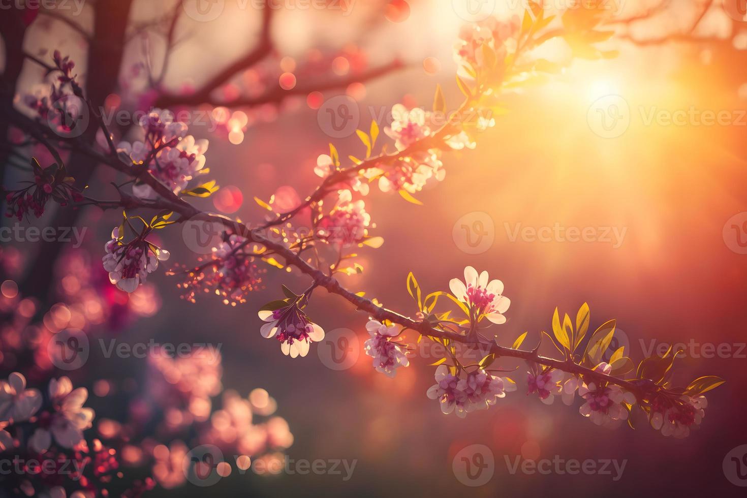 vår blomma bakgrund. natur scen med blomning träd och Sol blossa. vår blommor. skön fruktträdgård fotografi foto