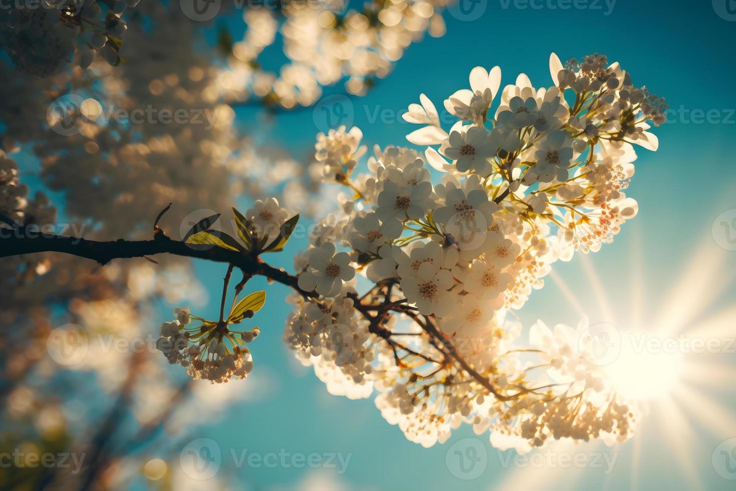foton vår blomning - vit blommar och solljus i de himmel, fotografi