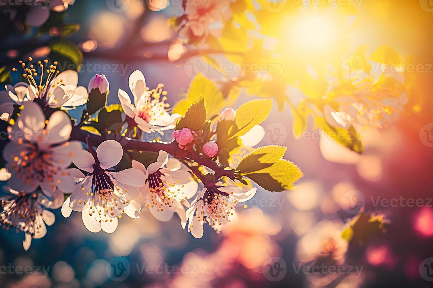 vår blomma bakgrund. natur scen med blomning träd och Sol blossa. vår blommor. skön fruktträdgård fotografi foto