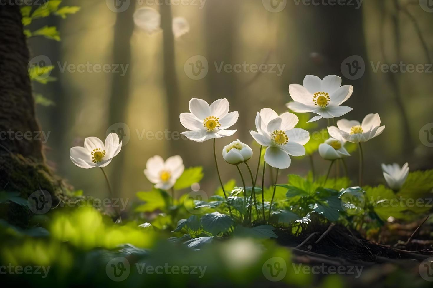 skön vit blommor av anemoner i vår i en skog stänga upp i solljus i natur. vår skog landskap med blommande primula foto