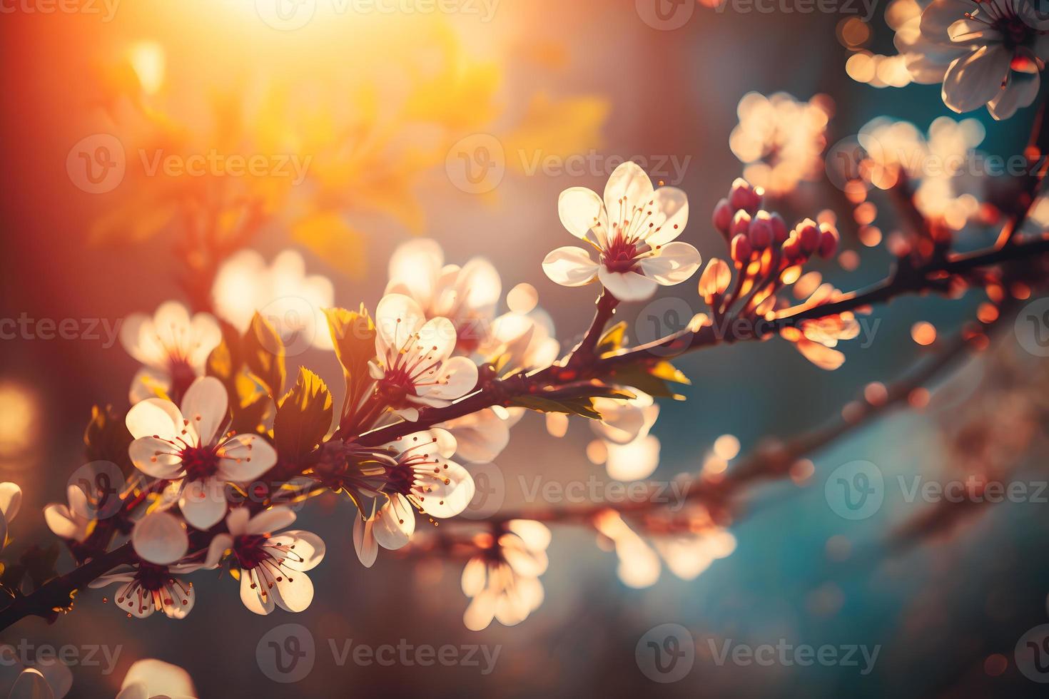 vår blomma bakgrund. natur scen med blomning träd och Sol blossa. vår blommor. skön fruktträdgård fotografi foto