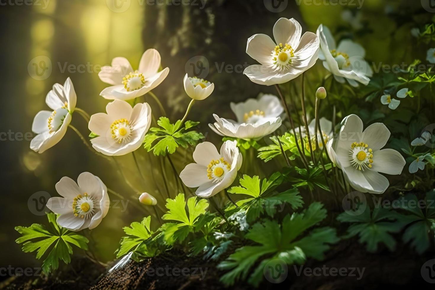 skön vit blommor av anemoner i vår i en skog stänga upp i solljus i natur. vår skog landskap med blommande primula foto