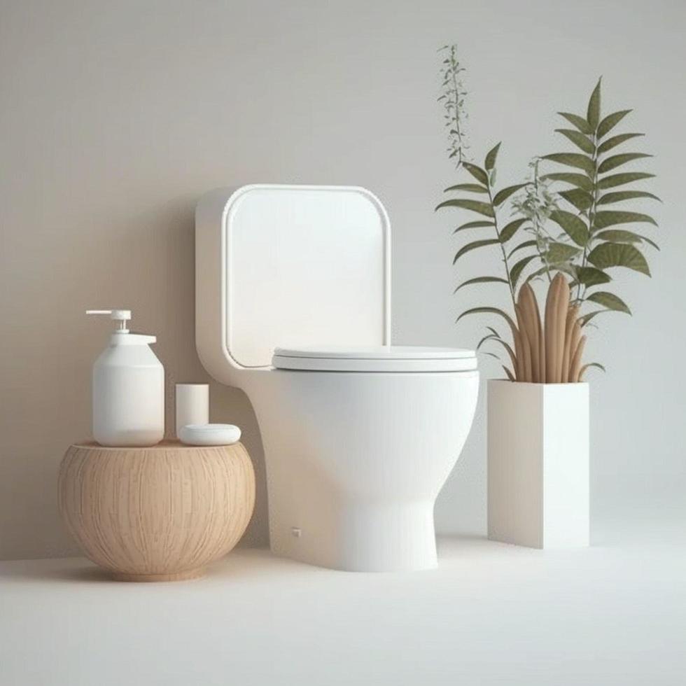 minimalistisk badrum attrapp med naturlig trä möbel, toalett skål och en vit Färg system. foto