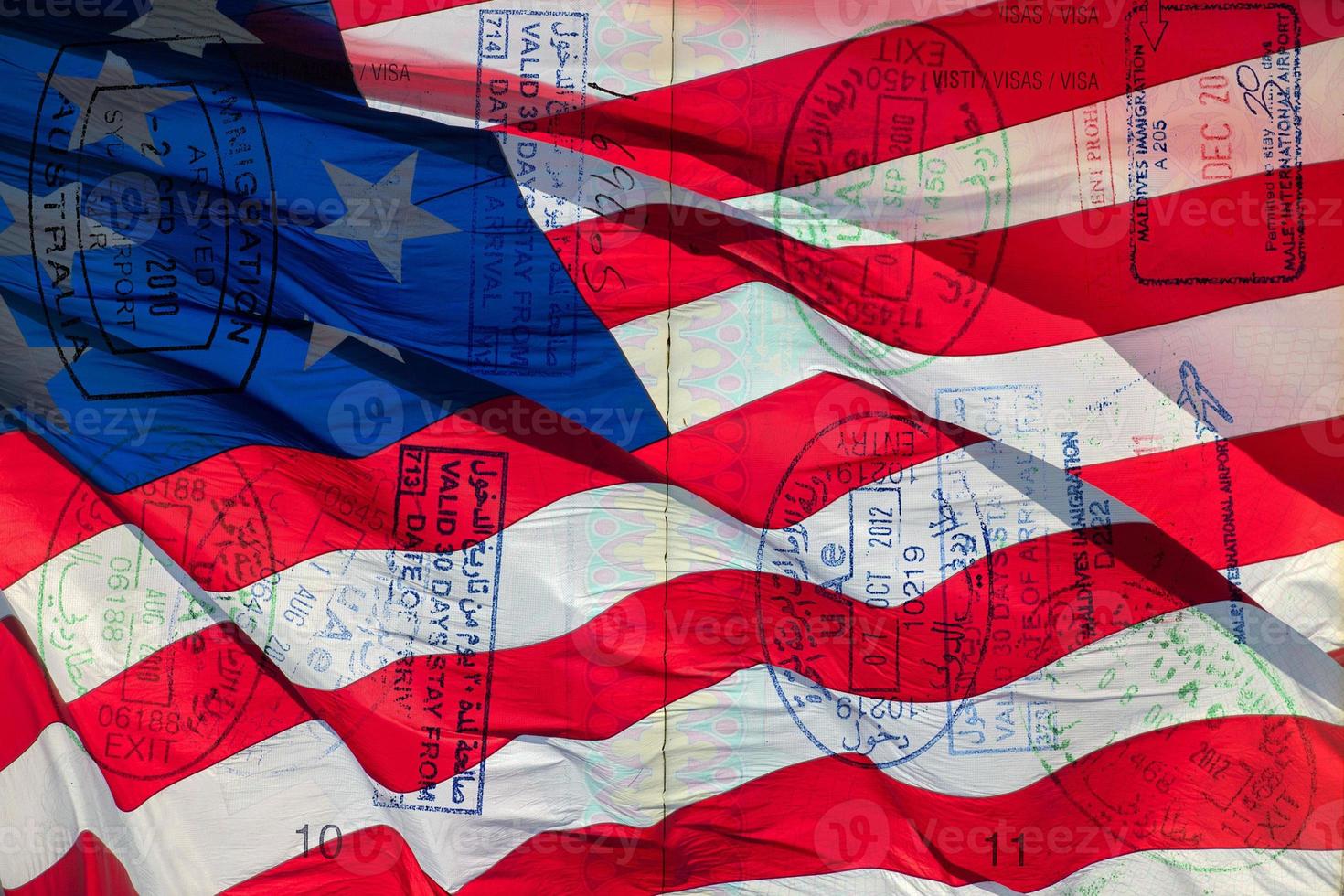 arabicum visum på pass över USA flagga foto