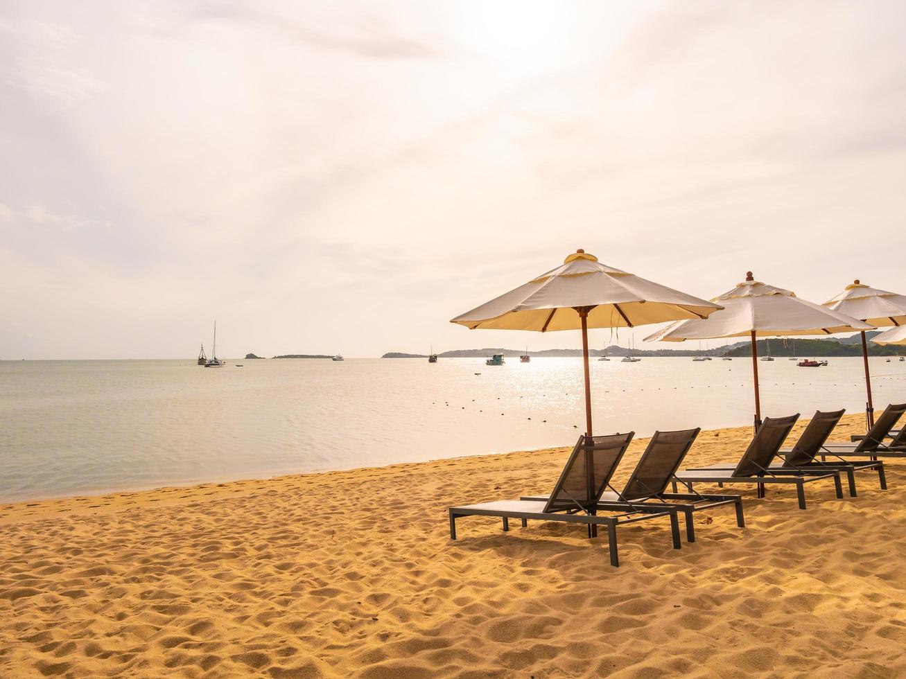 parasoller och solstolar på den tropiska stranden foto