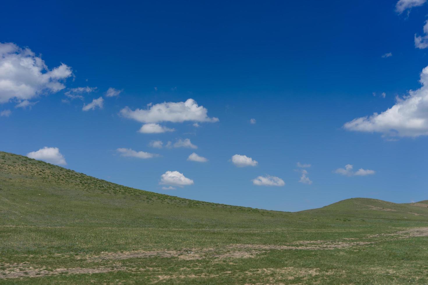 landskap med åkrar och kullar och molnig blå himmel foto