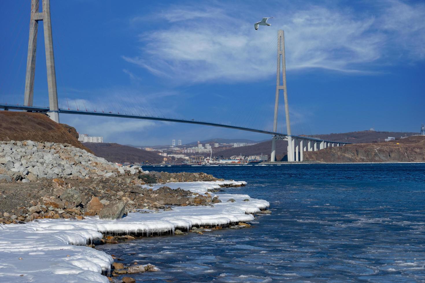 zolotoy bro med molnig blå himmel i Vladivostok, Ryssland foto