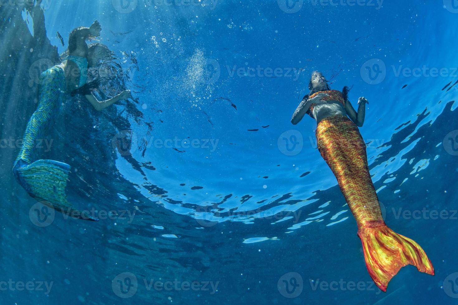 två sjöjungfru simning under vattnet i de djup blå hav foto