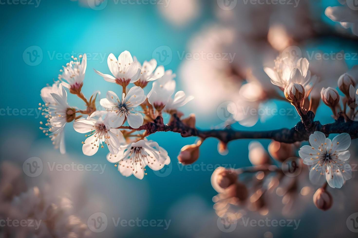 foton grenar av blomstrande körsbär makro med mjuk fokus på mild ljus blå himmel bakgrund i solljus med kopia Plats. skön blommig bild av vår natur, fotografi