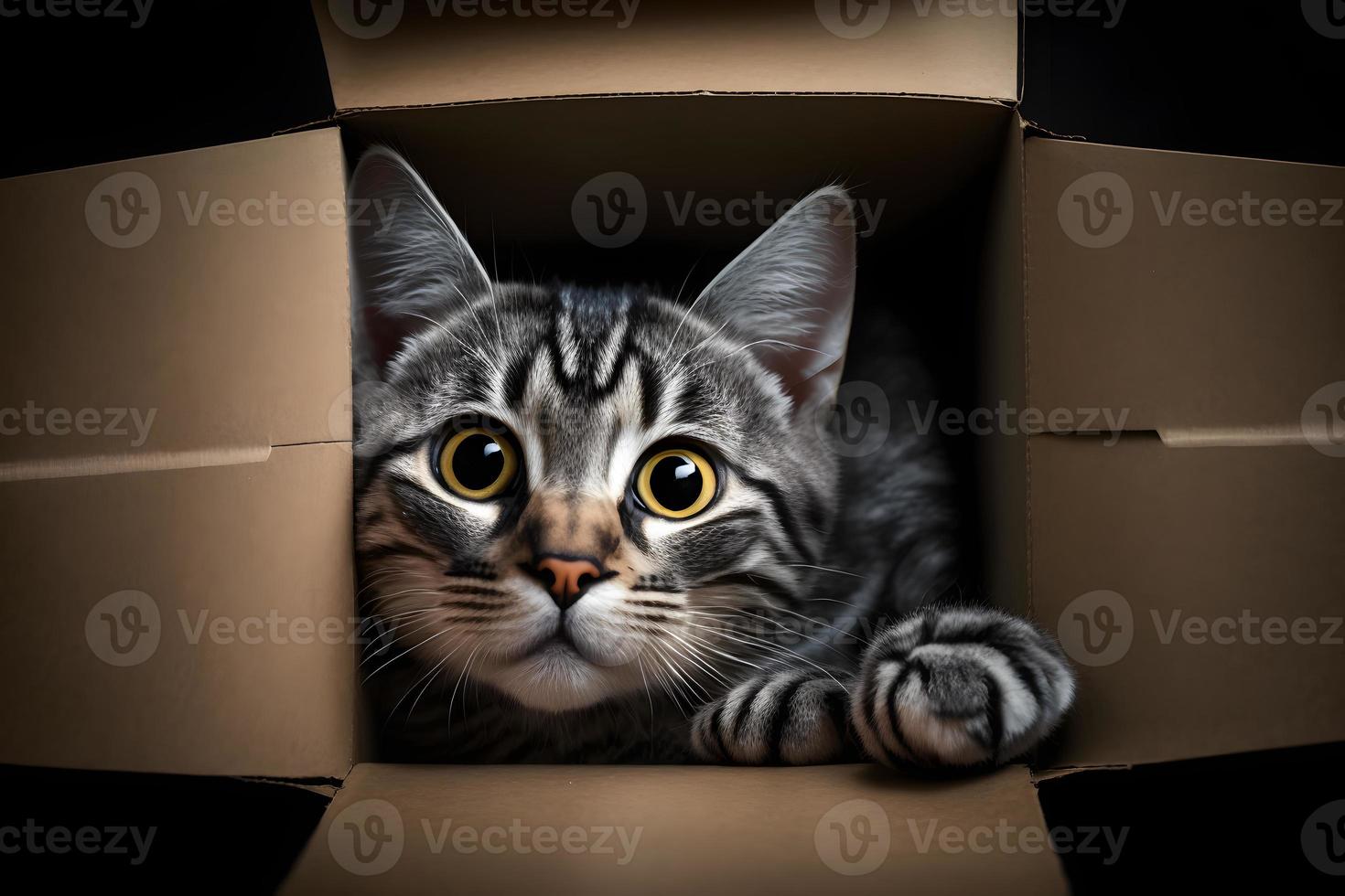 porträtt söt grå tabby katt i kartong låda på golv på Hem fotografi foto