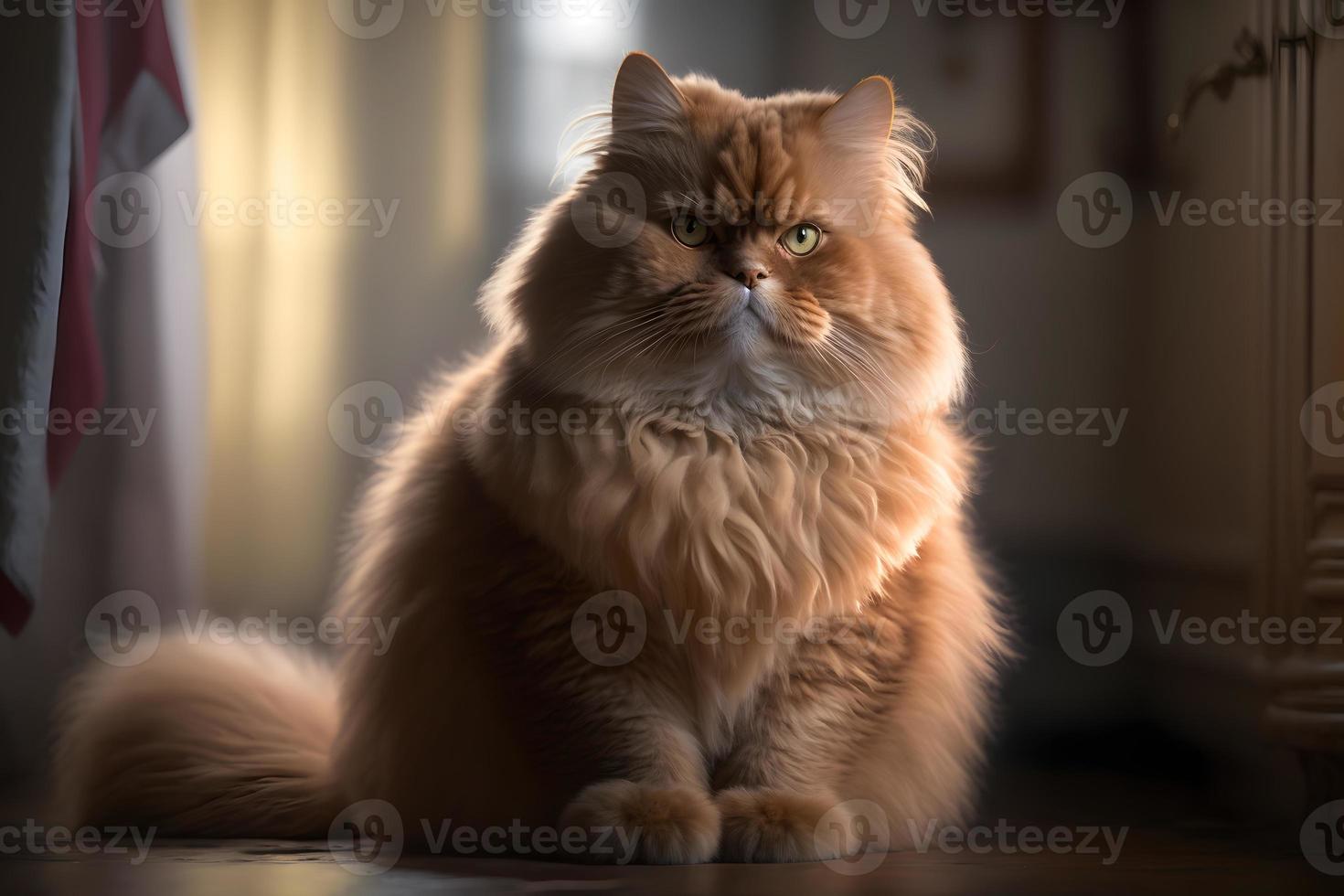 porträtt av en rolig skön röd fluffig katt i de interiör, husdjur fotografi foto