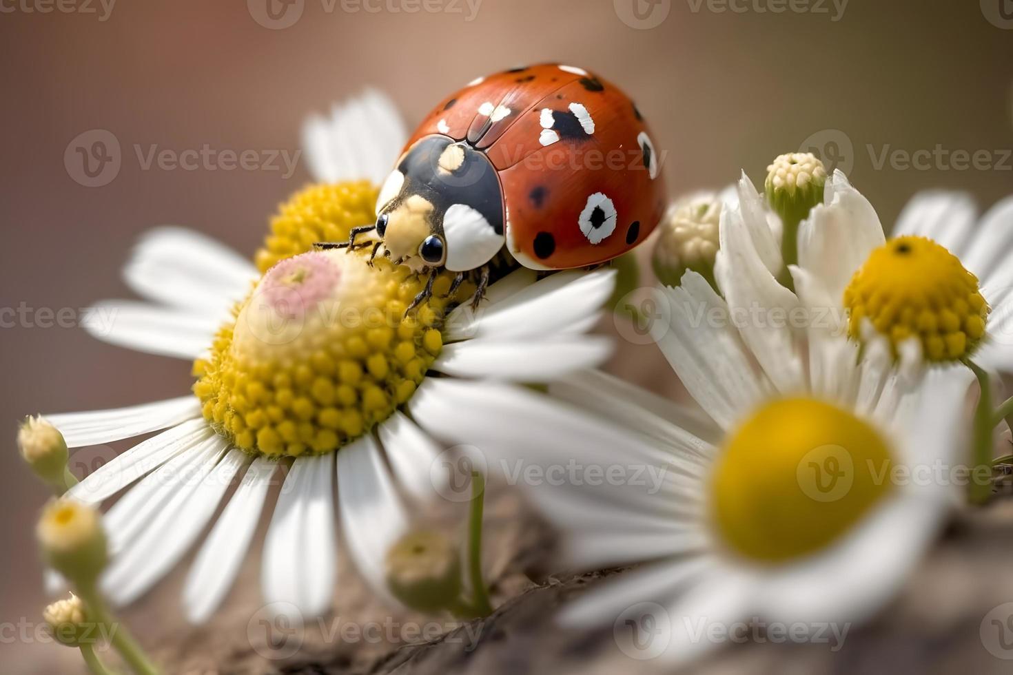 Foto röd nyckelpiga på kamomill blomma, nyckelpiga kalla kårar på stam av växt i vår i trädgård i sommar, fotografi