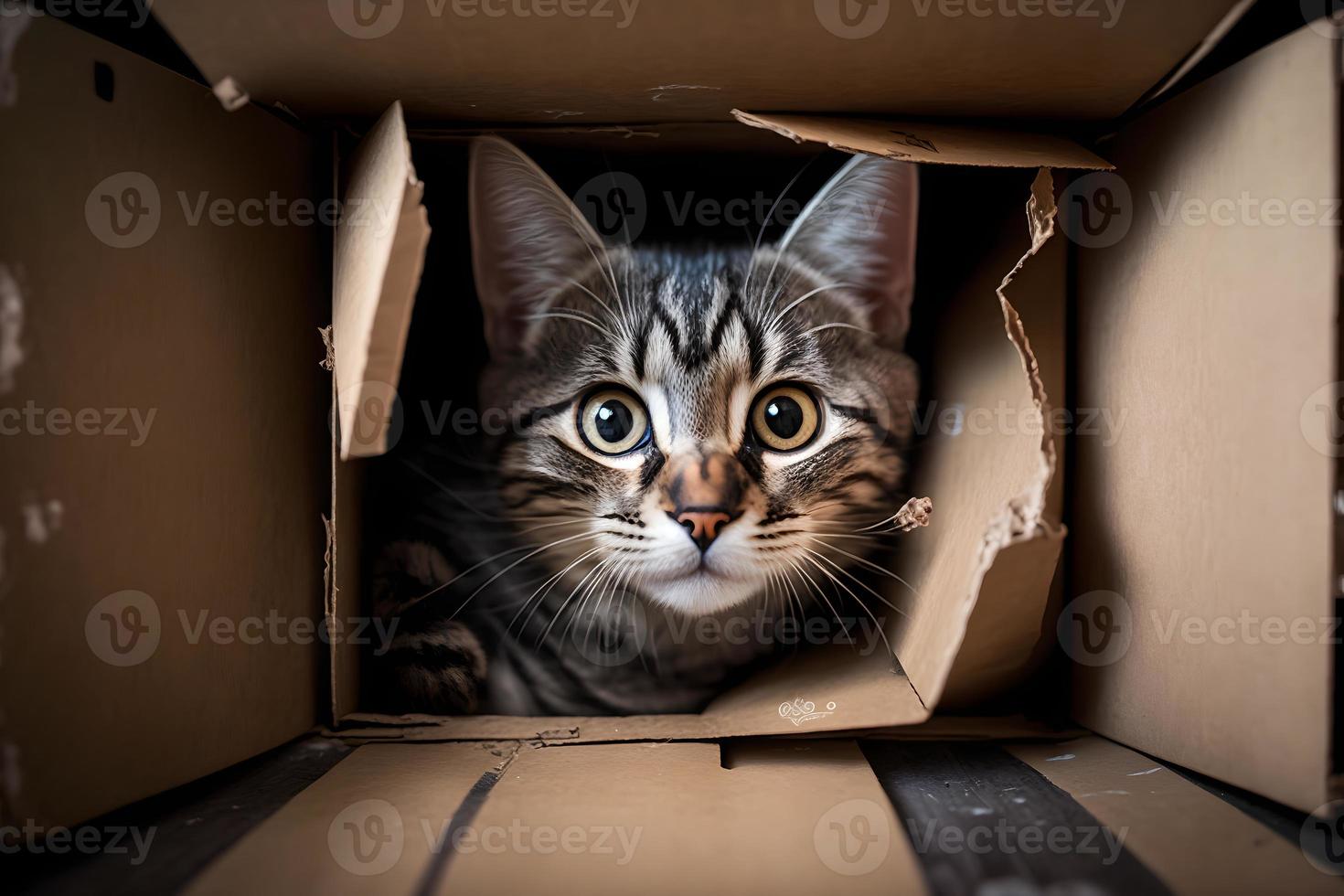 porträtt söt grå tabby katt i kartong låda på golv på Hem fotografi foto