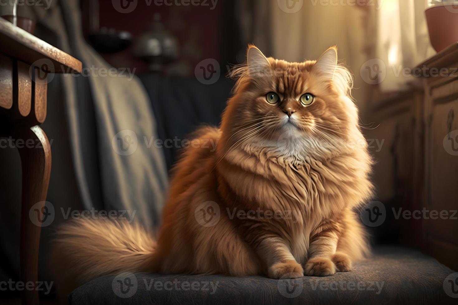 porträtt av en rolig skön röd fluffig katt i de interiör, husdjur fotografi foto