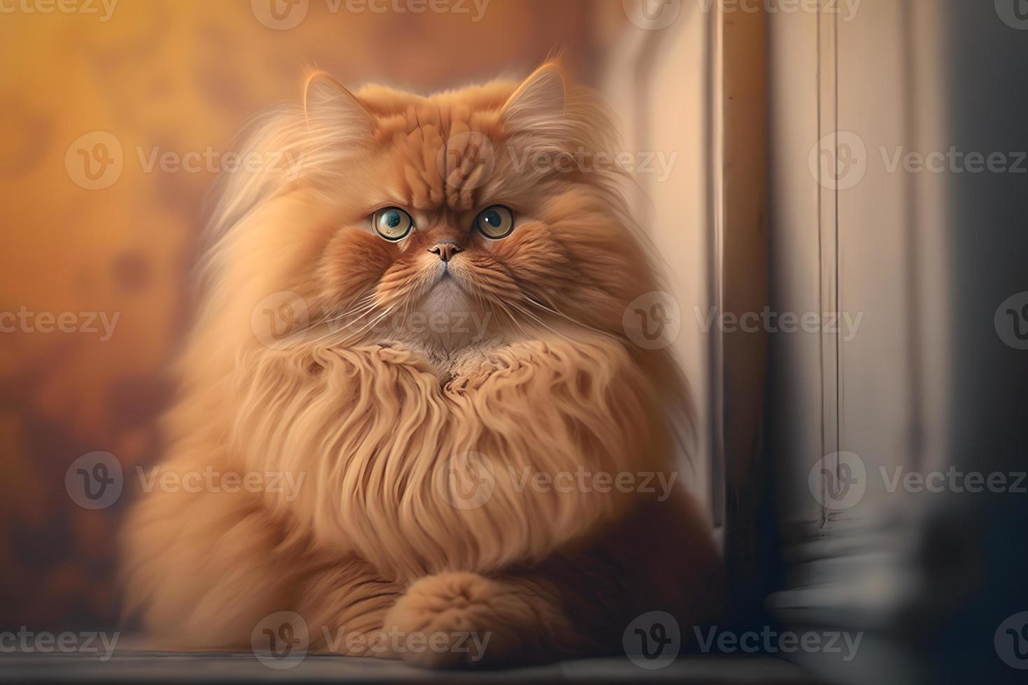 porträtt av en rolig skön röd fluffig katt i de interiör, husdjur fotografi foto