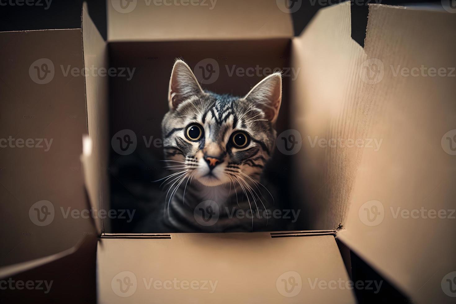 porträtt söt grå tabby katt i kartong låda på golv på Hem fotografi foto